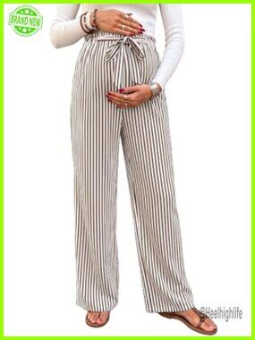 Striped Maternity Palazzo Pants Tie Waist Wide Leg Pregnancy Postpartum